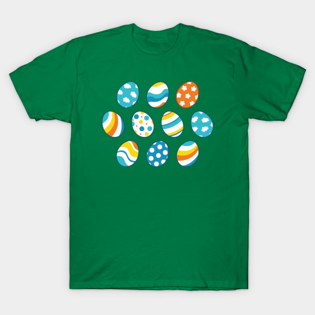 Egg Pattern | Blue Yellow Orange | Stripes Clouds Flowers Dots | Green T-Shirt by Wintre2